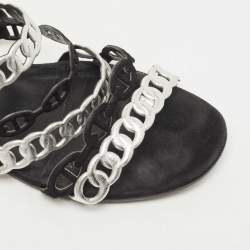 Hermes Black/Silver Leather and Suede Chaine d'Ancre Flat Slides Size 38 
