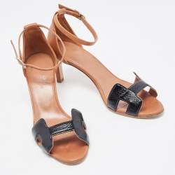 Hermes Black/Brown Patent and Leather Premiere Sandals Size 38