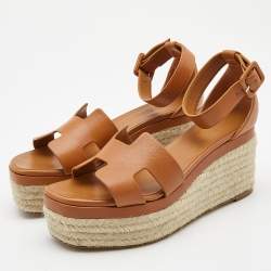 مملوكة مسبقًا Hermes Tan Leather Elda Espadrille Sandals Size 38