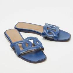 Hermes Blue Leather Aloha Slide Flats Size 39