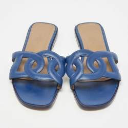 Hermes Blue Leather Aloha Slide Flats Size 39