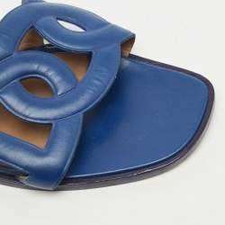 Hermes Blue Leather Aloha Slide Flats Size 39