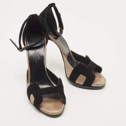 Hermes Black/Gold Metallic Suede Premiere 70 Sandals Size 37