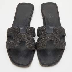 Hermes Black Suede Crystal Embellished Oran Slide Flats Size 38 