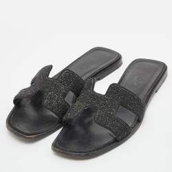 Hermes Black Suede Crystal Embellished Oran Slide Flats Size 38 