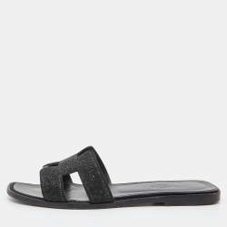 Hermes Black Suede Crystal Embellished Oran Slide Flats Size 38 