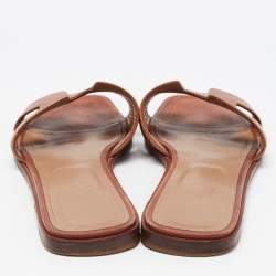 Pre Owned Hermes Brown Leather Oran Flat Slides Size 40