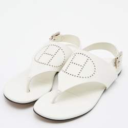 Pre Owned Hermès White Leather Kola Thong Flat Slingback Sandals Size 37