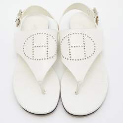 Pre Owned Hermès White Leather Kola Thong Flat Slingback Sandals Size 37