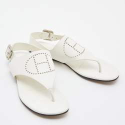 Pre Owned Hermès White Leather Kola Thong Flat Slingback Sandals Size 37