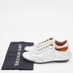 Hermes Silver Leather Pewter Perforated H Lace Up Sneakers Size 38