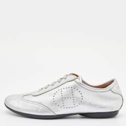 Hermes Silver Leather Pewter Perforated H Lace Up Sneakers Size 38