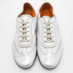 Hermes Silver Leather Pewter Perforated H Lace Up Sneakers Size 38