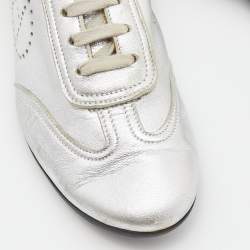 Hermes Silver Leather Pewter Perforated H Lace Up Sneakers Size 38