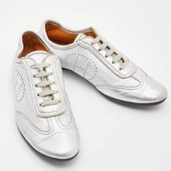 Hermes Silver Leather Pewter Perforated H Lace Up Sneakers Size 38