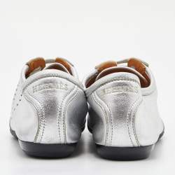 Hermes Silver Leather Pewter Perforated H Lace Up Sneakers Size 38