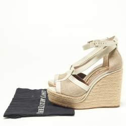 Pre Owned Hermes White/Beige Leather and Canvas Ibiza Espadrille Wedge Sandals Size 39