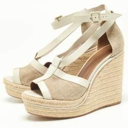 Pre Owned Hermes White/Beige Leather and Canvas Ibiza Espadrille Wedge Sandals Size 39