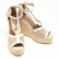 Pre Owned Hermes White/Beige Leather and Canvas Ibiza Espadrille Wedge Sandals Size 39