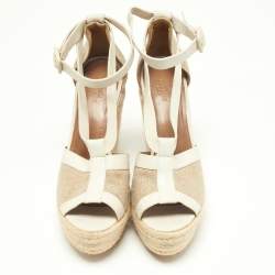 Pre Owned Hermes White/Beige Leather and Canvas Ibiza Espadrille Wedge Sandals Size 39
