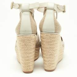 Pre Owned Hermes White/Beige Leather and Canvas Ibiza Espadrille Wedge Sandals Size 39