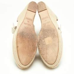 Pre Owned Hermes White/Beige Leather and Canvas Ibiza Espadrille Wedge Sandals Size 39