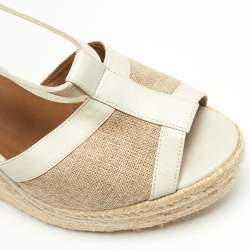 Pre Owned Hermes White/Beige Leather and Canvas Ibiza Espadrille Wedge Sandals Size 39