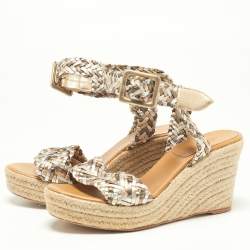 Pre Owned Hermes Metallic Woven Leather Sofia Espadrille Wedge Sandals Size 39