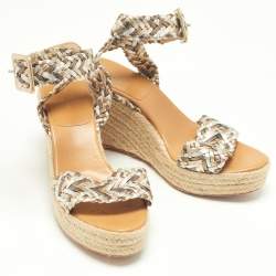 Pre Owned Hermes Metallic Woven Leather Sofia Espadrille Wedge Sandals Size 39