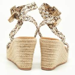 Pre Owned Hermes Metallic Woven Leather Sofia Espadrille Wedge Sandals Size 39