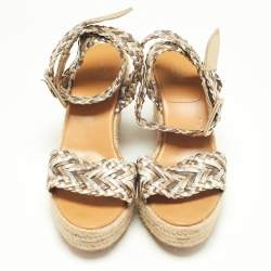 Pre Owned Hermes Metallic Woven Leather Sofia Espadrille Wedge Sandals Size 39