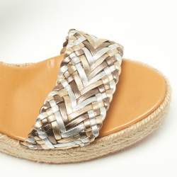 Pre Owned Hermes Metallic Woven Leather Sofia Espadrille Wedge Sandals Size 39