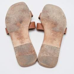 Pre Owned Hermes Brown Leather Oran Flat Slides Size 37.5