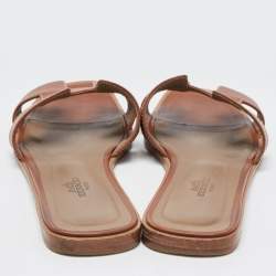 Pre Owned Hermes Brown Leather Oran Flat Slides Size 37.5