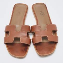 Pre Owned Hermes Brown Leather Oran Flat Slides Size 37.5