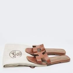 Pre Owned Hermes Brown Leather Oran Flat Slides Size 37.5
