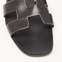 Pre Owned Hermes Black Leather Oran Flat Slides Size 40  