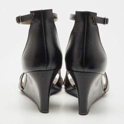 Hermes Black Patent Leather Legend Wedge Ankle Strap Sandals Size 37.5