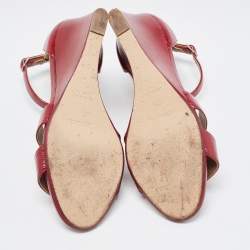 Pre Owned Hermes Dark Red Patent Leather Legend Wedge Ankle Strap Sandals Size 37.5