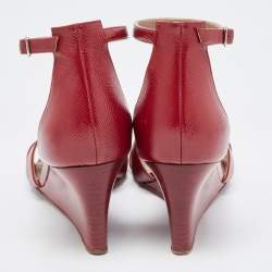 Pre Owned Hermes Dark Red Patent Leather Legend Wedge Ankle Strap Sandals Size 37.5