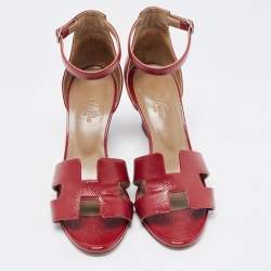 Pre Owned Hermes Dark Red Patent Leather Legend Wedge Ankle Strap Sandals Size 37.5