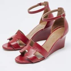 Pre Owned Hermes Dark Red Patent Leather Legend Wedge Ankle Strap Sandals Size 37.5