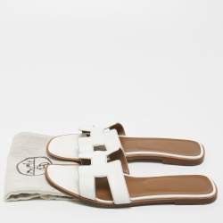 Pre Owned Hermes White Leather Oran Flat Slides Size 41.5