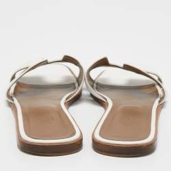 Pre Owned Hermes White Leather Oran Flat Slides Size 41.5