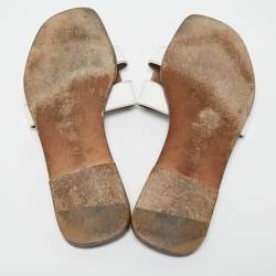 Pre Owned Hermes White Leather Oran Flat Slides Size 41.5