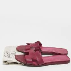 Pre Owned Hermes Purple Leather Oran Flat Slides Size 42