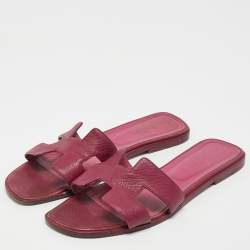 Pre Owned Hermes Purple Leather Oran Flat Slides Size 42