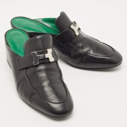 Hermes Black Leather Paradis Block Heel Mule Sandals Size 38.5