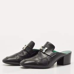 Hermes Black Leather Paradis Block Heel Mule Sandals Size 38.5