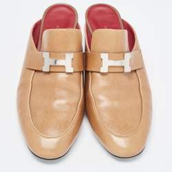 Pre Owned Hermes Brown Leather Oz Mules Size 38.5